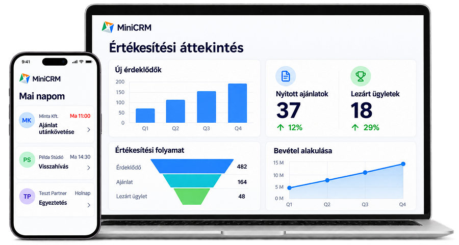 MiniCRM laptop és mobilnézet